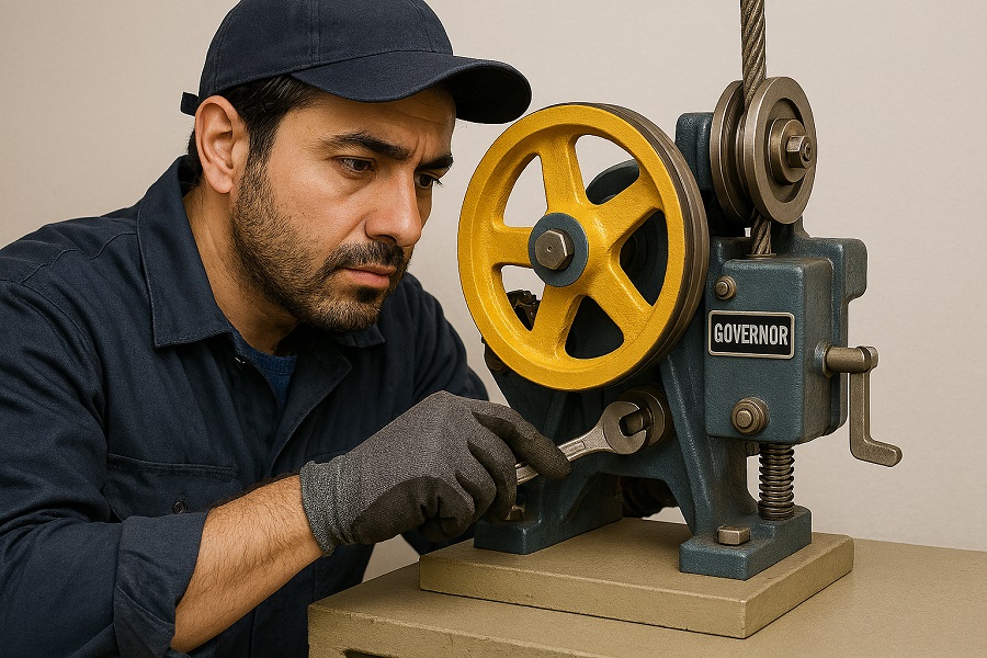 شخص در حال تعمیر گاورنر آسانسور